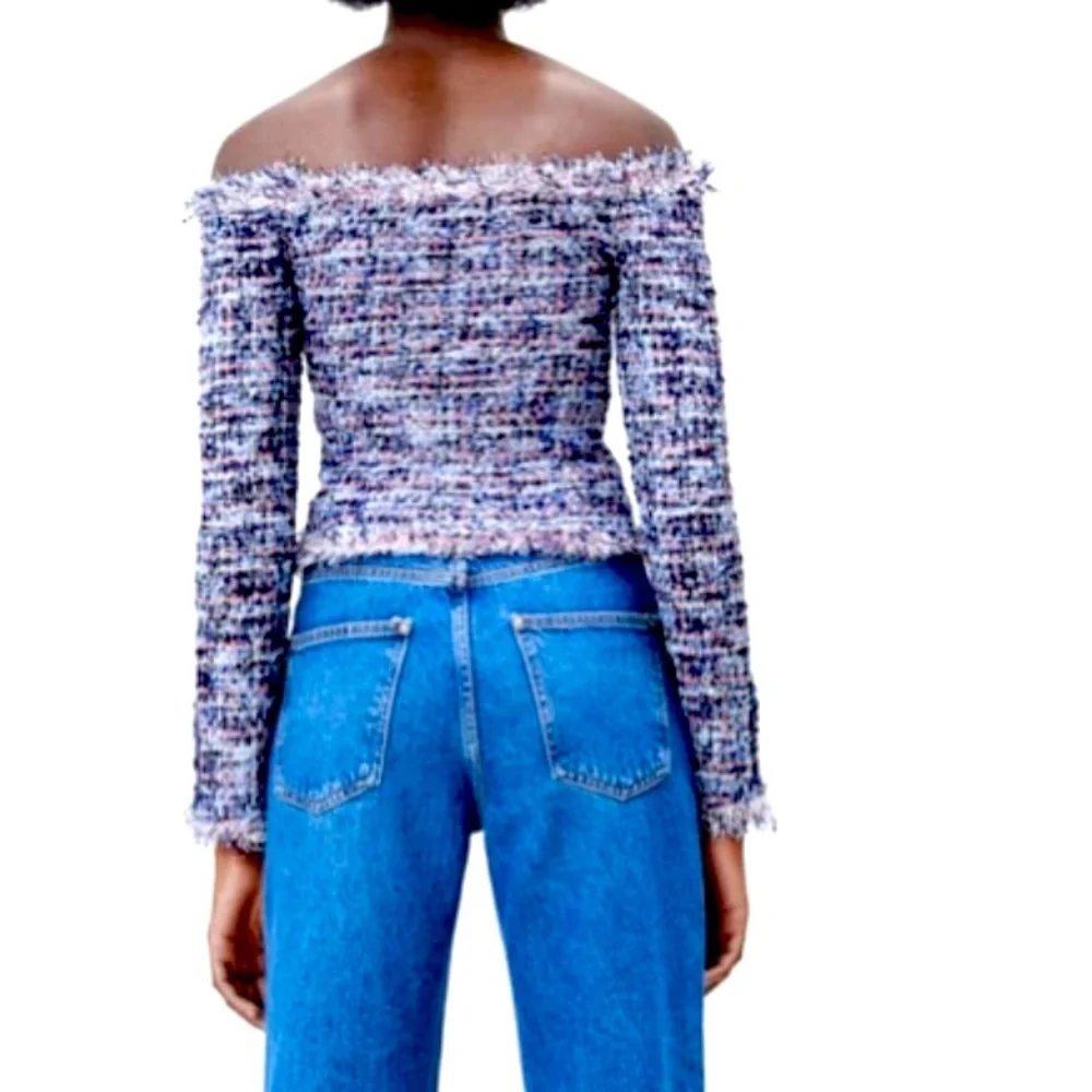 Zara textured pink metallic fibers stretching tweed frayed hem long sleeves top - Picture 9 of 15